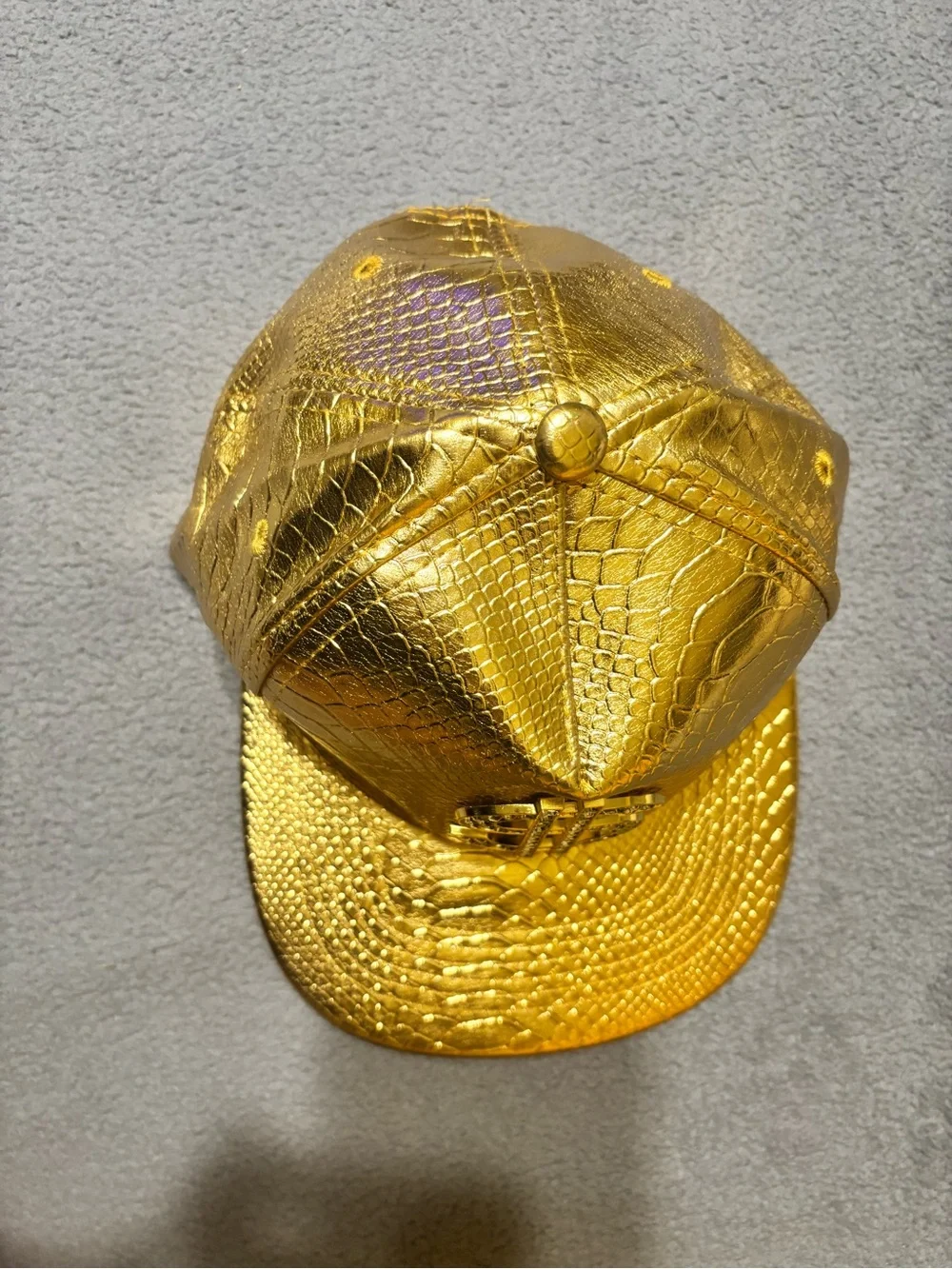 Amazon Gold Faux-Snake Snapback Hat with Rhinestone Dollar Sign